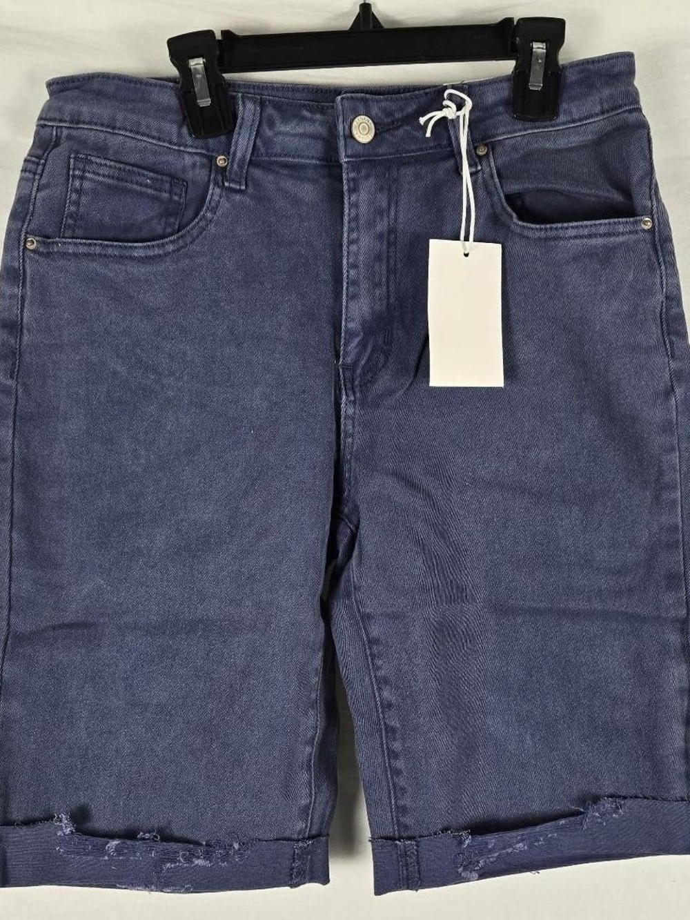 NWT Zenana High Rise Frayed Roll Up Denim Bermuda Shorts Blue - Medium